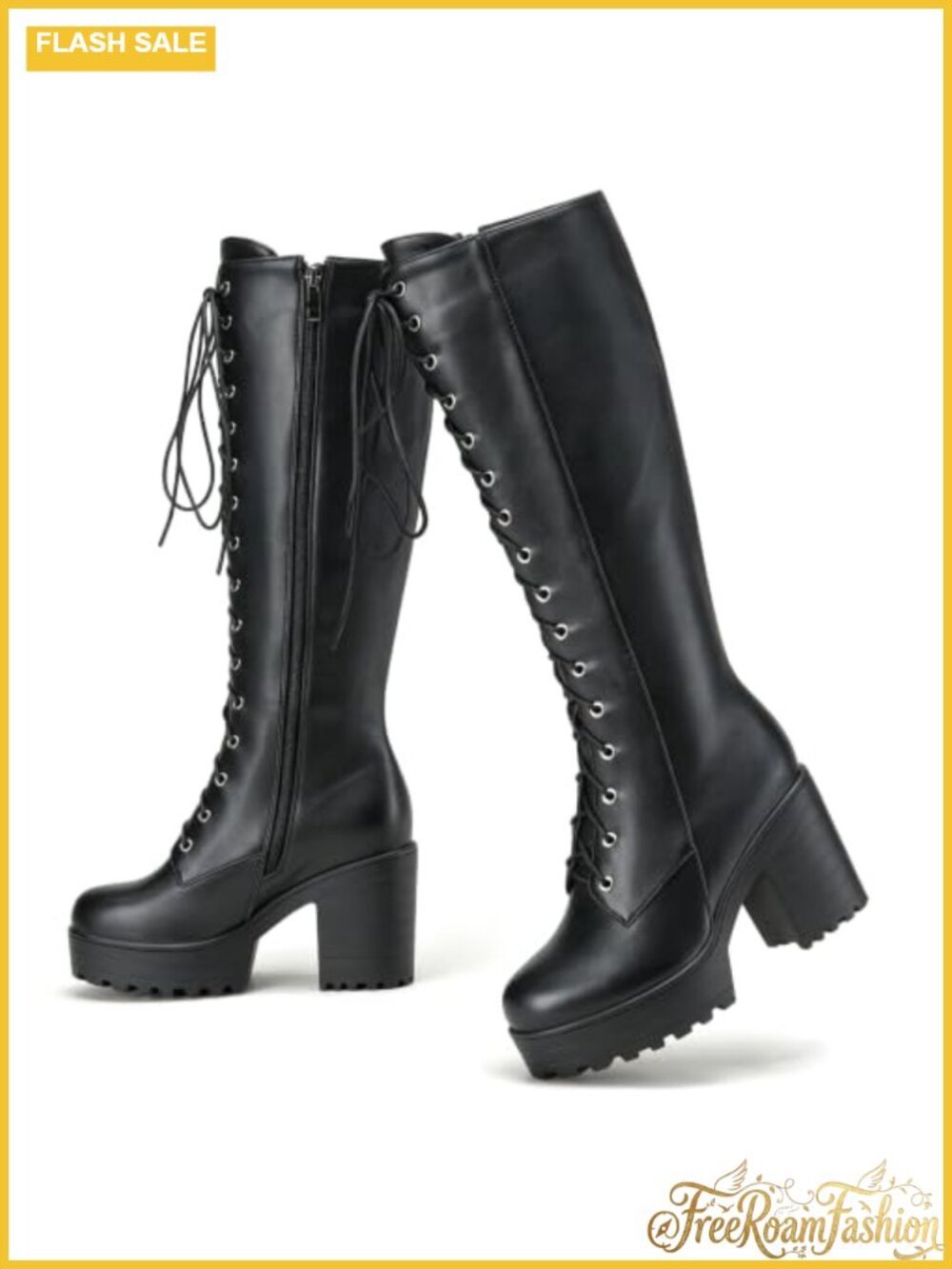 Women's Knee High Lace Up Platform Combat Boots Chunky Heel
